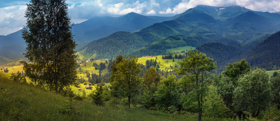 Countryside panorama of Carpathian mountains in western Ukraine. Highland hills