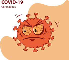 Coronavirus bacteria vector illustration. Character of epedemic infection. Evol face of cartoon. Orange color medicine theme.