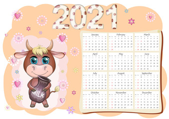Calendar 2021. The bull is a symbol of the new year, Cartoon cow. Chinese horoscope calendar.