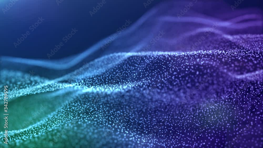 Wall mural swaying waves of particles. abstract background with blue movement and flicker particles on a dark b