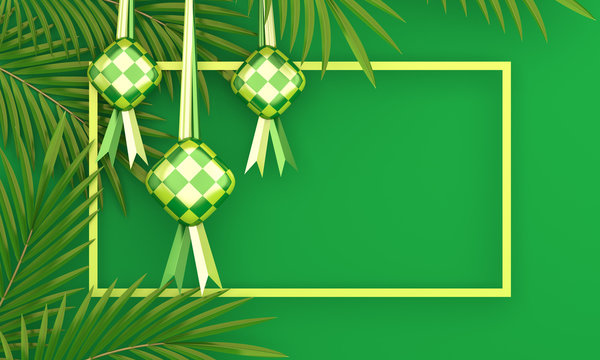 Ketupat traditional food for eid mubarak or Selamat Hari Raya Idul Fitri in Indonesia or Malaysia, palm leaves on green background. Copy space text area, 3D rendering illustration.