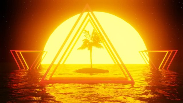 80s style retro scene with palm trees, sunset and water