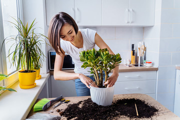 Beautiful smiling girl with braces replanting a indoor flower. Wearing a white T-shirt and blue...