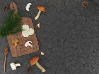 Mushroom set on a black marble table, background concept and creative layout. Flat lay. Top view. 3D illustration