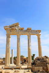 The ruins of the Temples of Apollo and Athens in Side. The second century AD. The famous architectural monument of Side, Turkey.