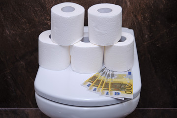 Euro money on the toilet lid, concept. Financial problems due to coronavirus and lack of toilet paper.
