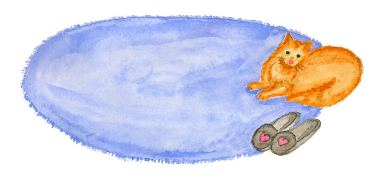 Ginger Cat Lies On The Blue Rug. Grey Slippers. HOME PET. Watercolor Hand Drawn Elements. Isolated On White. Pets Hotel