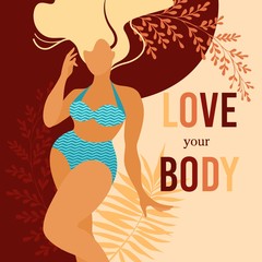 Female love and care yourself, body. Positive beauty women in flat style stock vector illustration with herbal silhouette leaves. Girl of size plus figure type in swimsuits. Take time for your self.