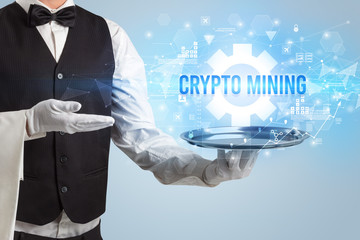 Waiter serving new technology concept with CRYPTO MINING inscription