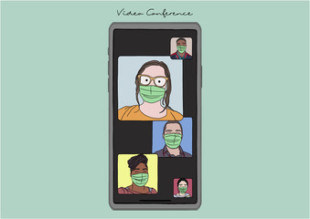 Vector Illustration of Video Conference / Video Call during COVID-19 pandemic, Social Distancing, Stay Home, Stay Safe