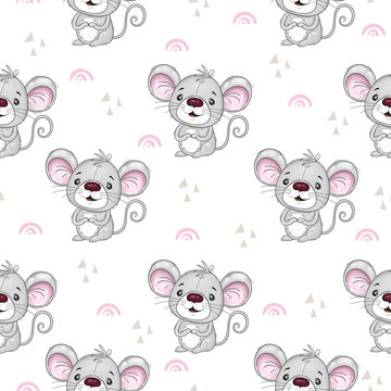 Cute seamless pattern with funny mouse. Cute Cartoon mouse. Hand drawn vector illustration with mouse cute print