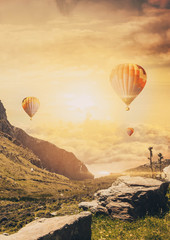 Fototapeta na wymiar Extremely bright Sunset viewed from a Mountain with hot air balloons, Digital Artwork