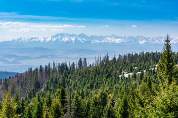 Spring view from Gorce Mountains on snowy peaks and slopes in the Tatra Mountains.