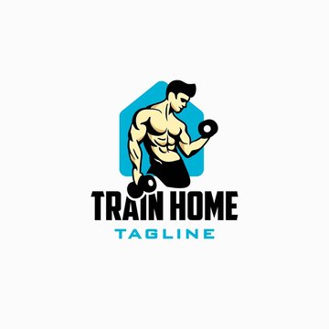home workout logo design inspiration . home fitness logo design template . train gym at home logo . muscular man lifting dumbbells vector