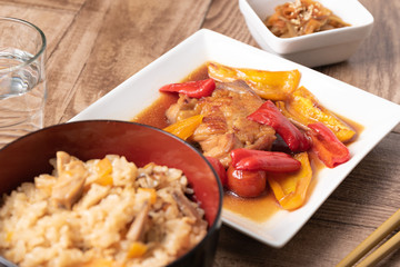 knpira burdock, Teriyaki chicken, Gomoku 