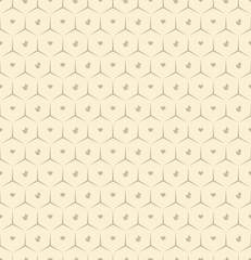 Hexagonal pattern with birds and hearts inside the cells. Geometric background in beige. Vector seamless pattern.