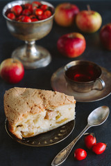 Tea with rosehip berries in a vintage cup with apple charlotte and apples on a dark background