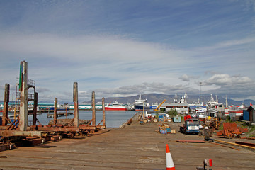 ships and shore of the bay in Reykjavik - 342748143