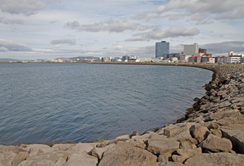 the shore line in icelandic city Reykjavik - 342748352