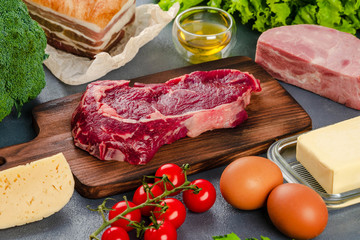 Ketogenic diet food on a grey table