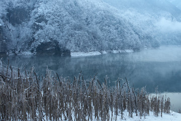 Fototapeta premium Corlo lake in winter near Arsiè