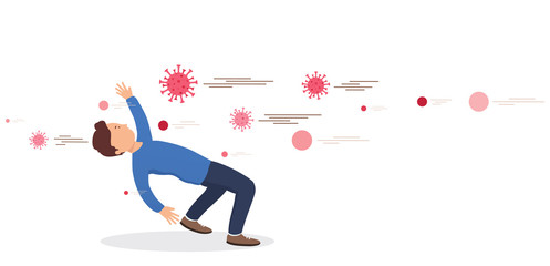 Man dodging reflects bacteria. Virus prevention concept. Protecting immune system from bad bacteria. Barrier against viruses.