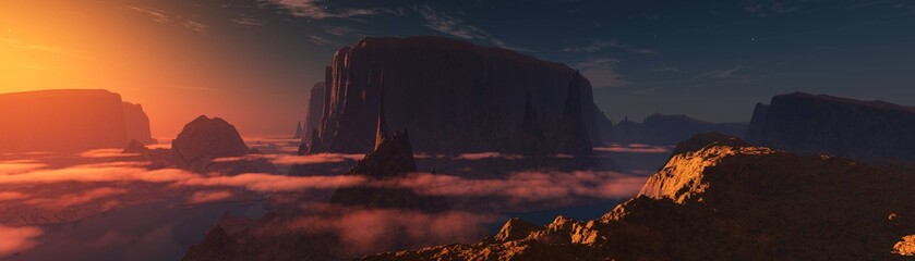 Alien landscape, canyon on Mans, sunset on the Martian mountains, 3D rendering © ustas