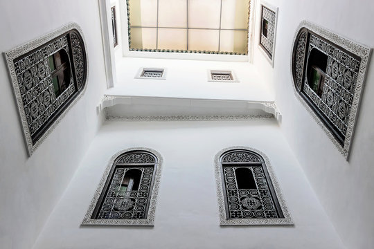 Interior of white traditional Moroccan riad building