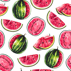 Watercolor pattern of watermelons and leaves on a white background. This work can be used for various types of design: printing on fabric, wrapping paper and others.