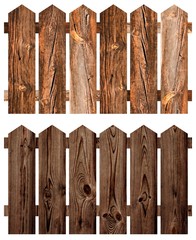 Dark brown rustic wooden fence on white background isolated set.