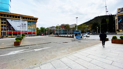 TBILISI, GEORGIA - APRIL 21, 2020: Empty Tbilisi, Street is normally gridlocked with shoppers and traffic.