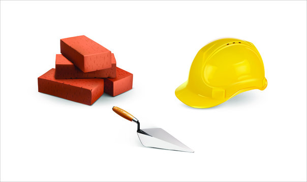 Set of construction elements helmet trowel bricks realistic isolated on white