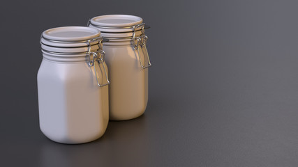 Two white vintage-style jars with white cups isolated on a black background. 3d render.