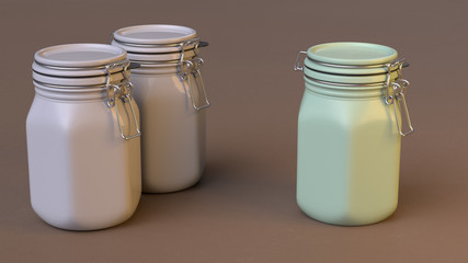 Three colorful vintage-style jars with white cups isolated on a brown background. 3d render.