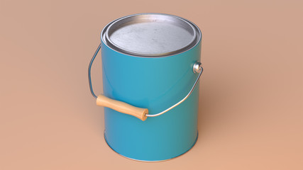 One blue metal paint bucket with wooden handle and aluminum cap isolated on the warm background. 3d render.