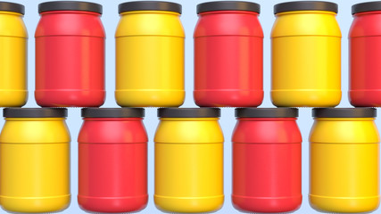 The background of colorful plastic jars with black caps isolated on a soft background. Grid structure. 3d render. 