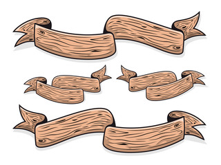 vector ribbon banner artistic set. wood texture. illustration 