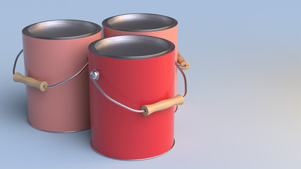 Three colorful metal paint buckets with wooden handles and aluminum caps isolated on the blue background. 3d render.