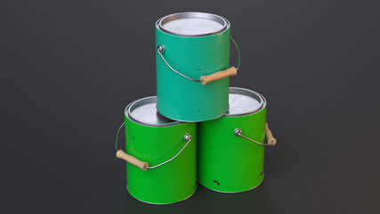 Three colorful metal paint buckets with wooden handles and aluminum caps isolated on the black background. 3d render.