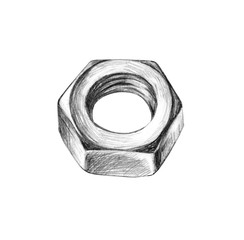Pencil illustration of building tools nut. Realistic drawing isolated on white.