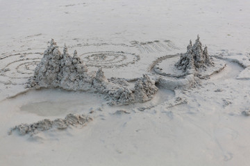 Sandy beautiful castle with patterns on the beach. Thailand.