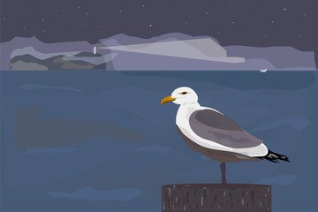 seagull on a pillar at night near the sea