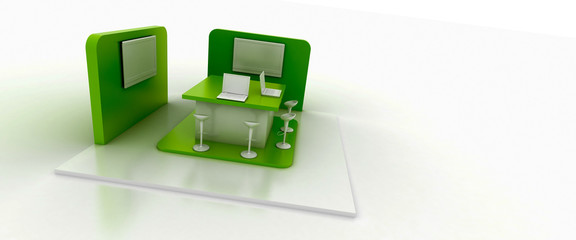 Corporate green booth, isolated on white, with copy space. Original 3d rendering