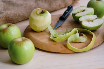 Close-up of golden apples with the peel removed