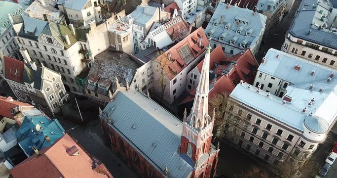 4K Footage Aerial View of the Colorful Roofs and Ancient Buildings in the Riga Old Town, Latvia