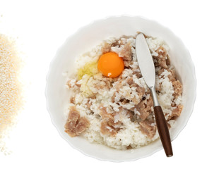 Chinese cooking, mince pork and beef mixed on jasmine rice for hot pot rice image