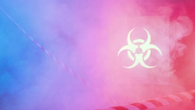 4k A sign of bacteriological danger against the background of ribbons and smoke. Beautiful shot with copyspace for title or text.