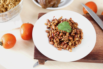 Fried dry Tempeh with ground nut traditional Indonesia food called Kering Tempe