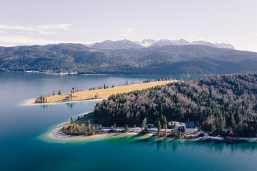 Aerial view on Walchensee lake in Bavaria. Germany