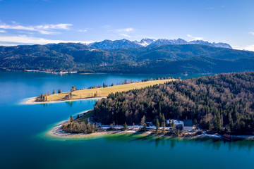Aerial view on Walchensee lake in Bavaria. Germany